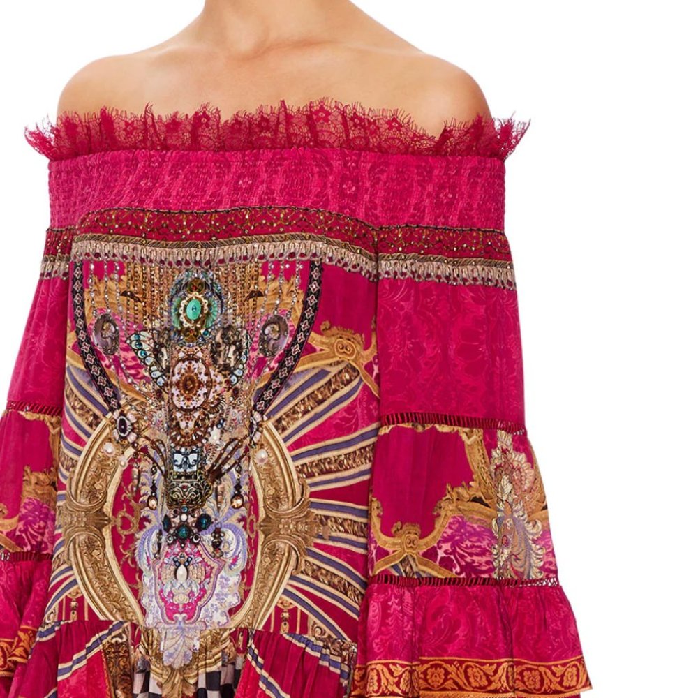 NWT Auc Camilla Off Shoulder Dress With Smocking in Lounge Hour - Picture 14 of 17